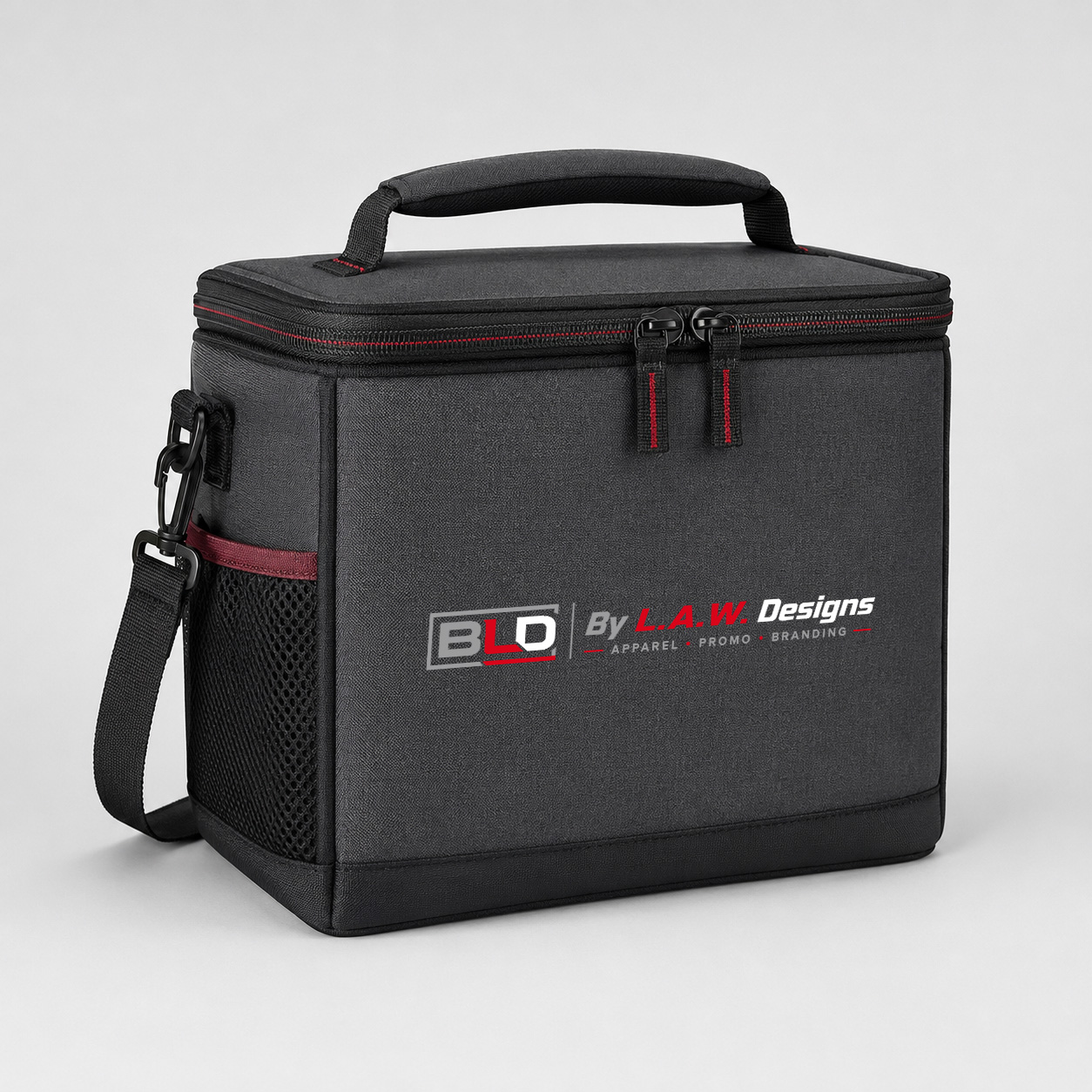 Charcoal promotional cooler bag decorated with the official BLD logo