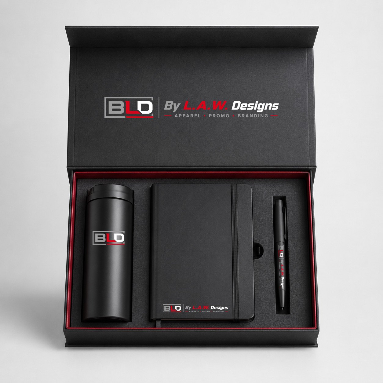 Premium corporate promotional gift set decorated with the official BLD logo