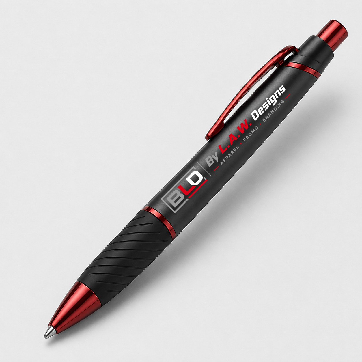Black and red promotional pen decorated with the official BLD logo