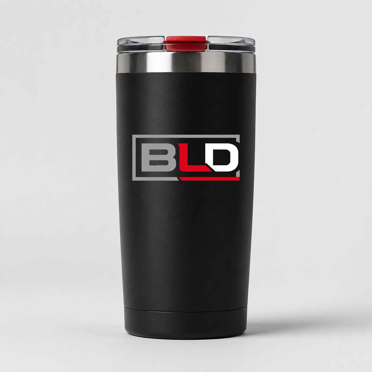 Black promotional tumbler decorated with the official BLD logo
