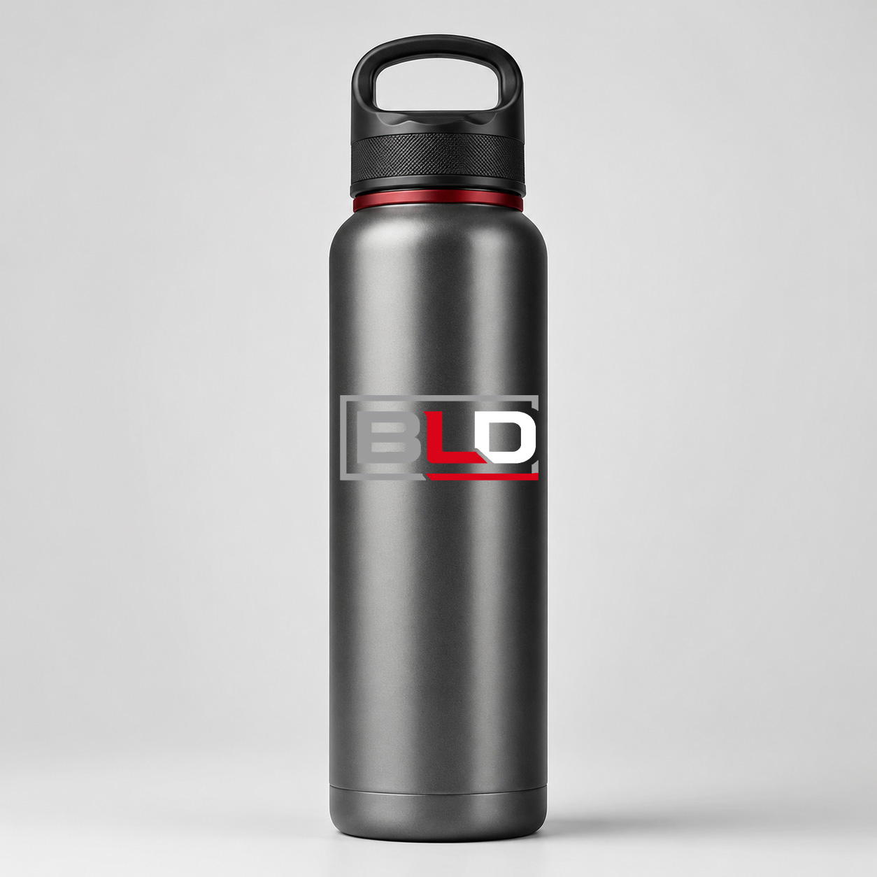 Stainless-steel promotional water bottle decorated with the official BLD logo